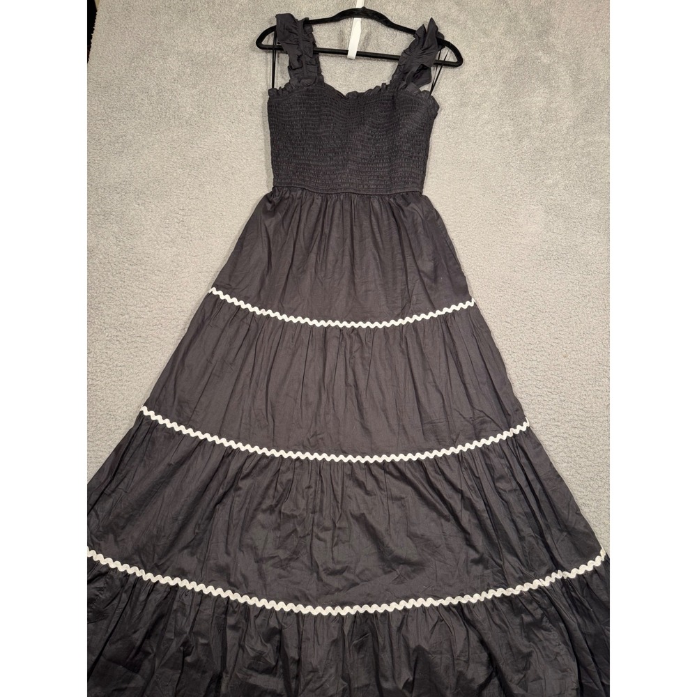 Strut & Bolt Black Smocked Tiered Maxi Dress Ric Rac Ruffle Strap Small NWT